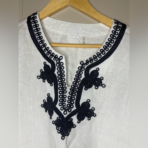 Symple NYC White Linen Tunic Top Navy Embroidered 3/4 Sleeve Boho L - Picture 2 of 5